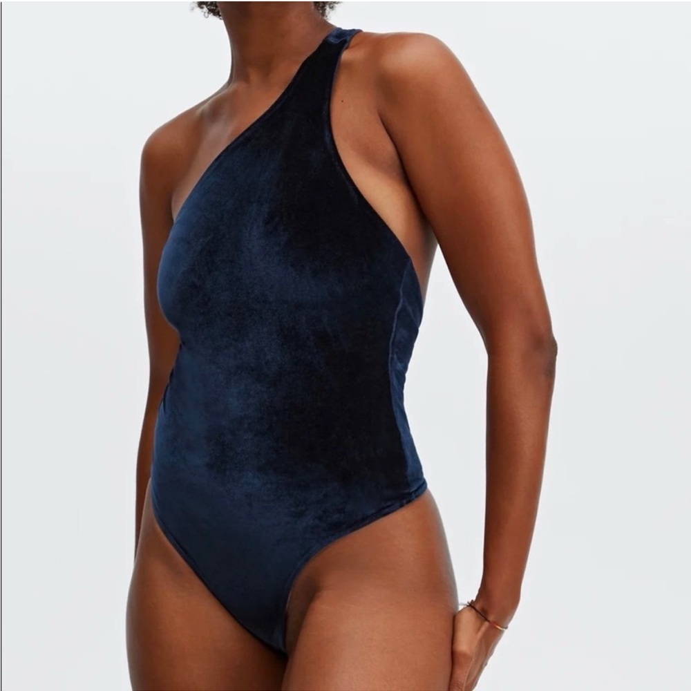 Fabletics Venessa Hudgins Gigi Velour Velvet one shoulder bodysuit Navy NWT XS 4